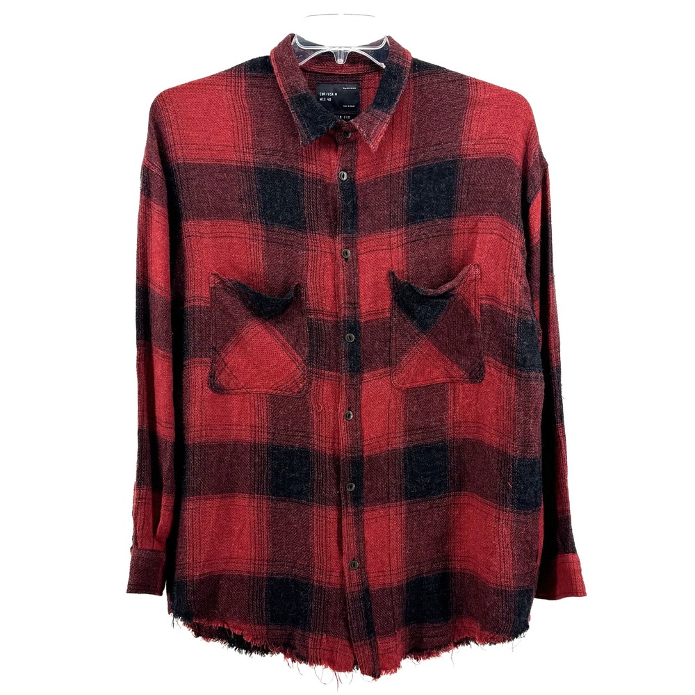 ZARA Man‎ Men's M Red Black Plaid Button Front Shirt Raw Hem Casual Grunge